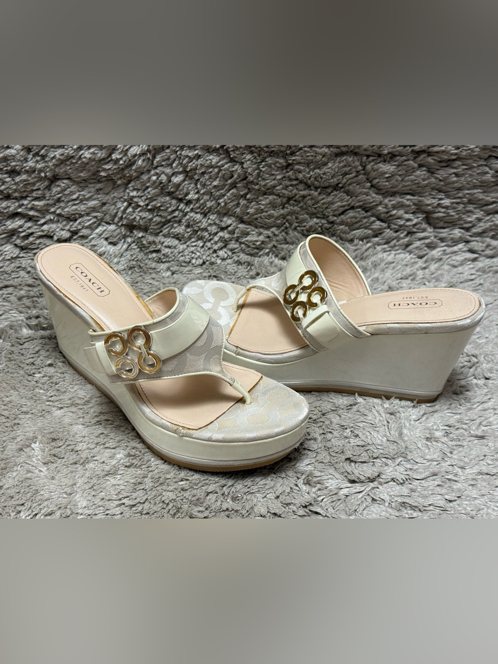 Coach Gypsy Vintage Women’s Logo Wedge Sandals In Cream With Gold Accent